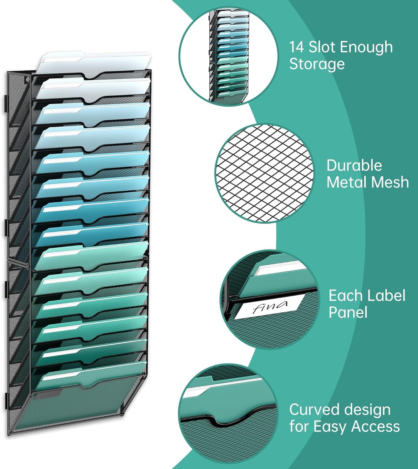 14-Tier Metal Wall Organizer, Mount Hanging File Organizer for Home, Office, Black, Screw Installation - Image 2