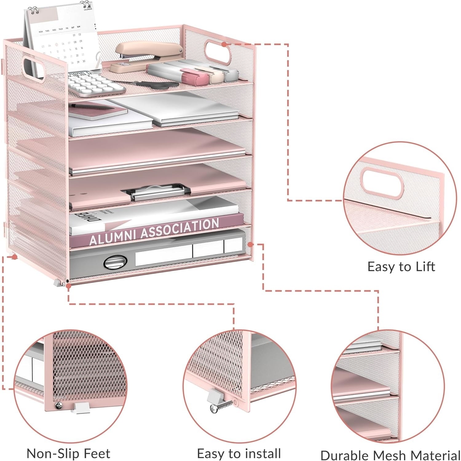 6 Tier Paper Organizer for Desk, Paper Letter Tray Organizer, Metal Mesh Desk File Organizers with Handle for Office/... - Image 3
