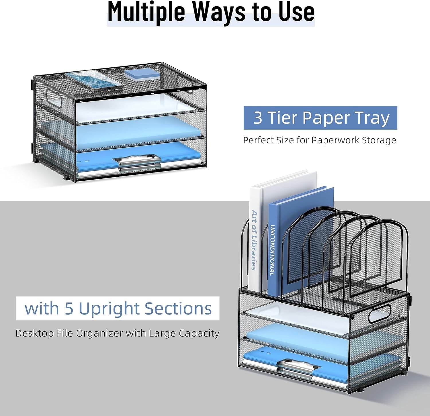INTIGE Desk Organizer with Vertical File Holder, 3 Tier Desktop Organizer with 5 File Folder Holders and Handles, Metal Mesh File Organizers - Image 3