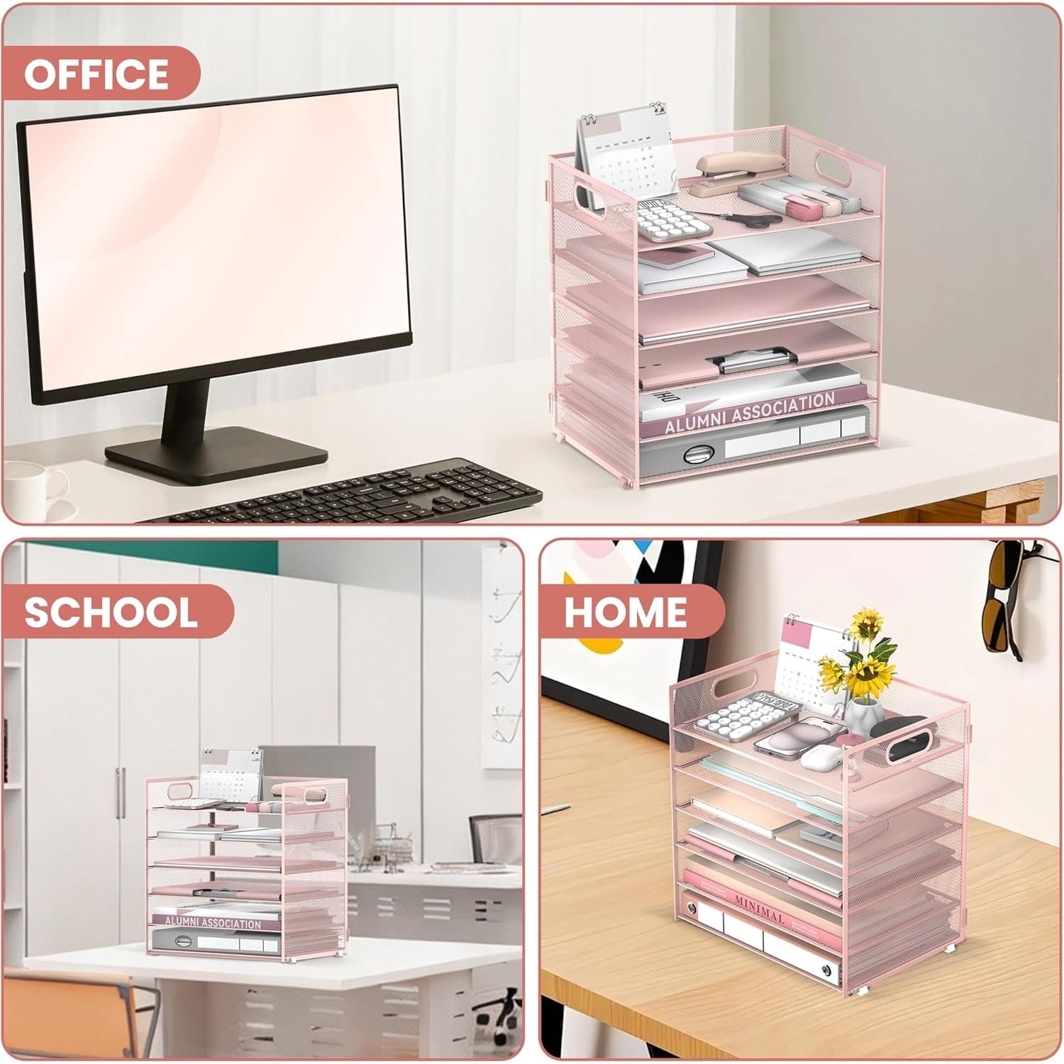 6 Tier Paper Organizer for Desk, Paper Letter Tray Organizer, Metal Mesh Desk File Organizers with Handle for Office/... - Image 6