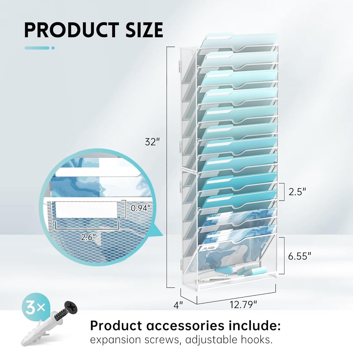13-Tier Wall File Organizer, Metal Hanging Mounted Paper Rack, White, Screw Installation - Image 5
