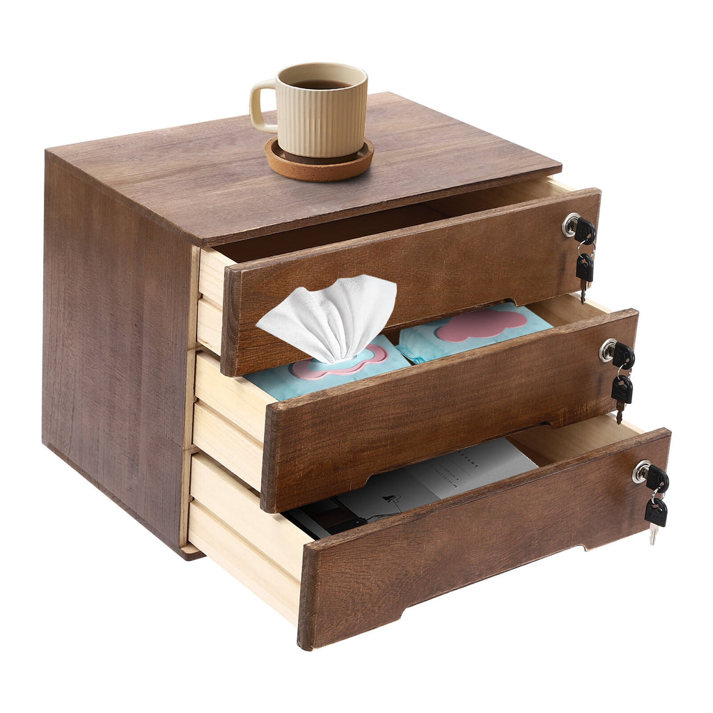 DENEST Wooden Desktop Storage Box with Lockable Drawers, 3 Tiers Office Supplies File Organizer, Flat File Cabinet Desk Storage Box for Dres - Image 5