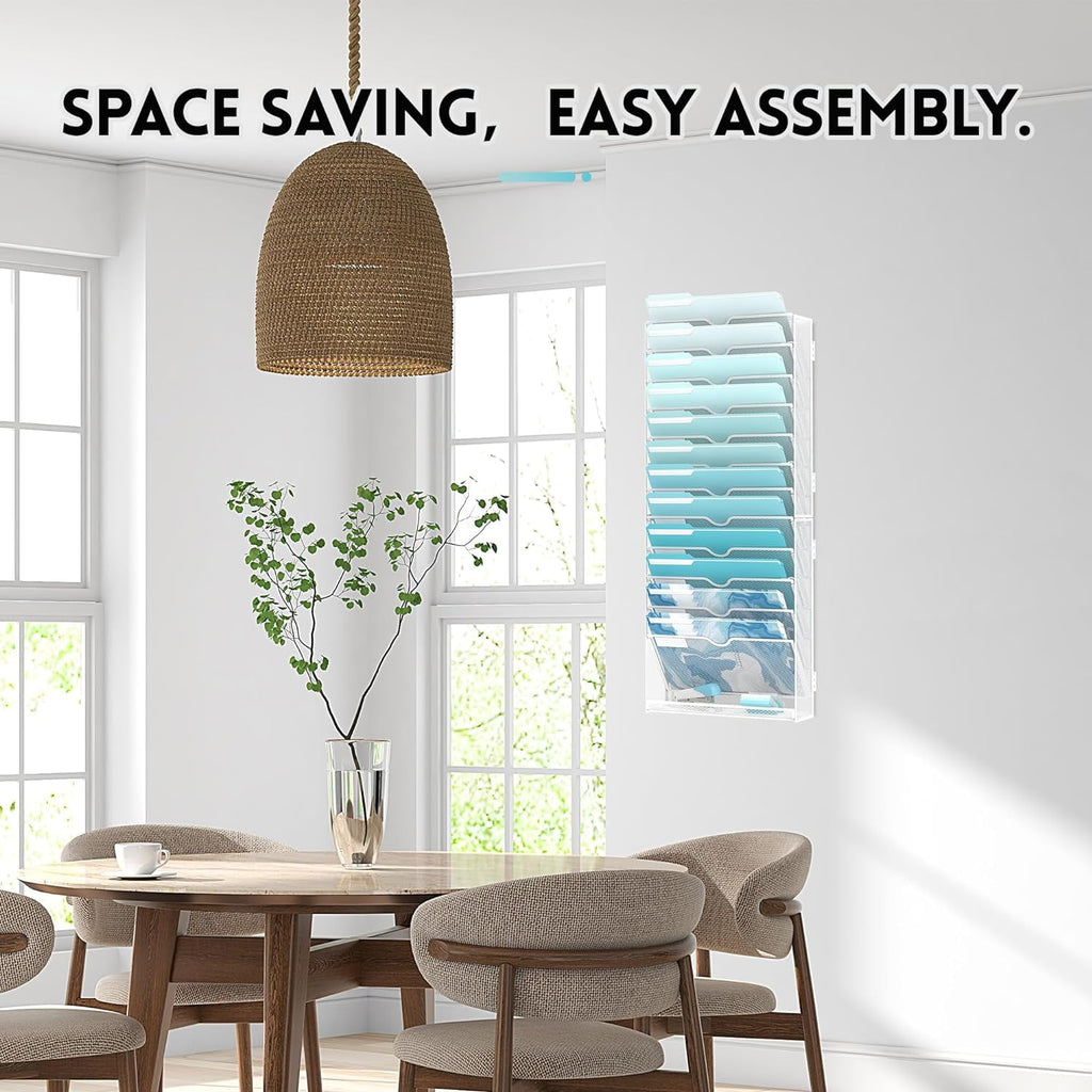 13-Tier Wall File Organizer, Metal Hanging Mounted Paper Rack, White, Screw Installation - Image 2