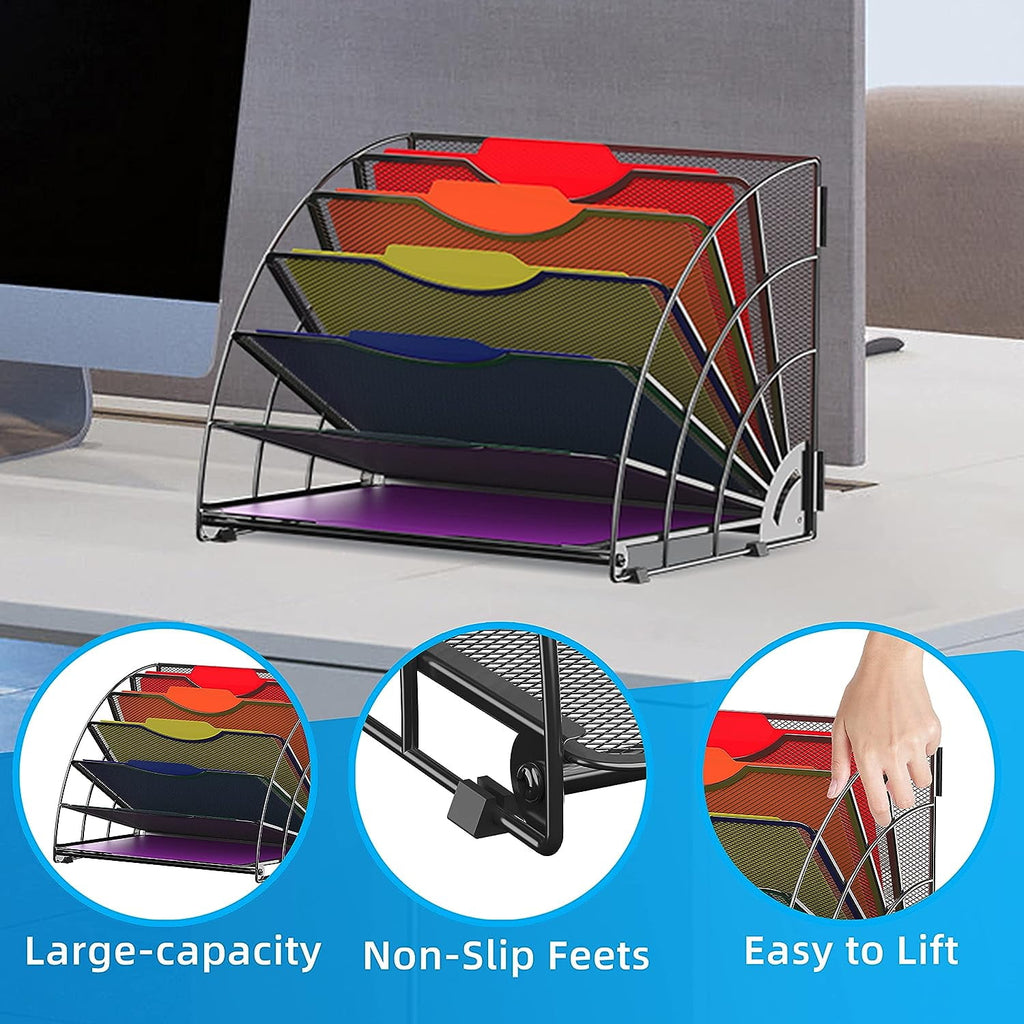 Fan Shaped Desk File Organizer, 6 Compartments,Desk Storage for Office, Black - Image 5