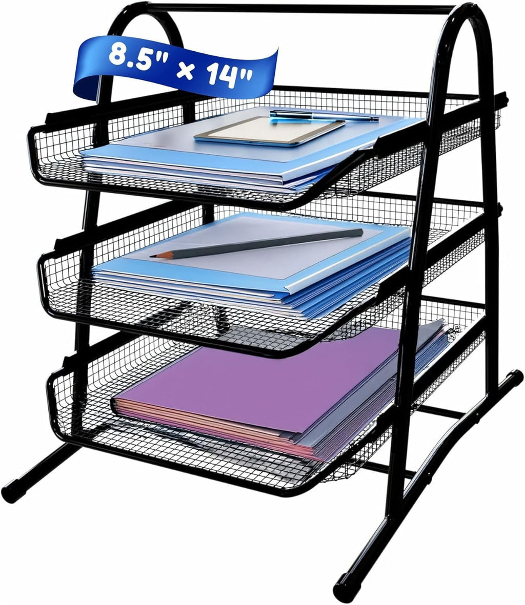 3-Tier Stackable Paper Tray Organizer for Desk - Black Metal File Rack for Legal-Size Paper (14"x8.5"), Document Hold...