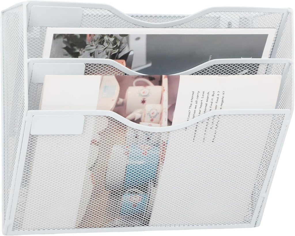 3 Pocket Mesh Hanging Wall File Organizer, Clipboard Storage Organization Magazine Rack with Nametag Label Wall Mount... - Image 2