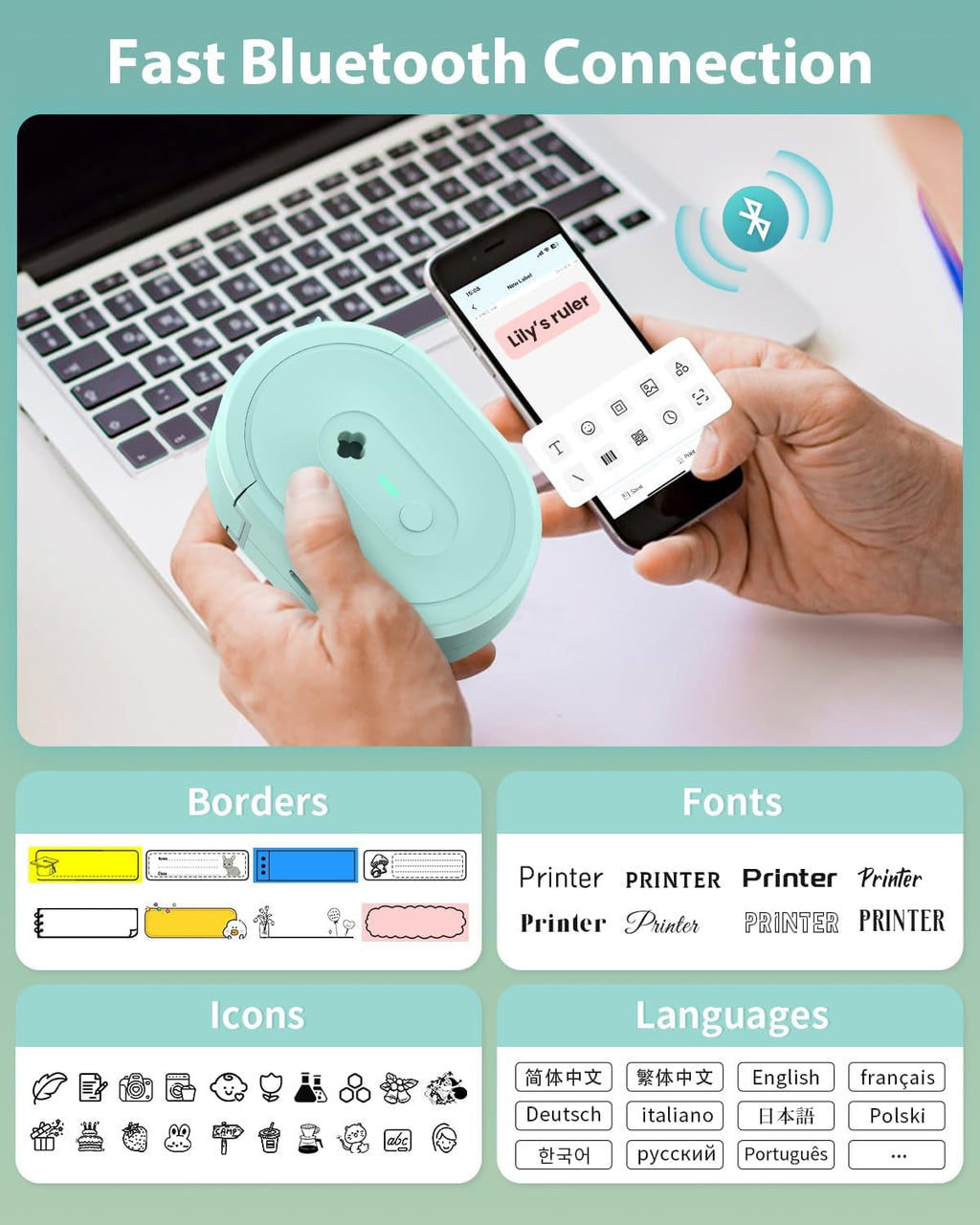 Label Maker Machine with Tape, N12 Portable Bluetooth Label Printer, Wireless Mini Label Makers Thermal Sticker with Multiple Templates for - Image 2
