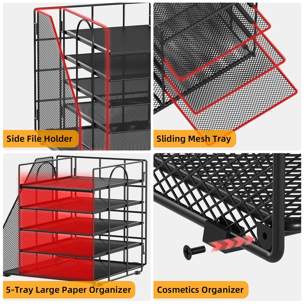 Mintazer Desk Organizer with File Holder, 5-Tier Paper Letter Tray Organizer Mesh Desktop File Organizer Magazine Holder for Home School Off - Image 3