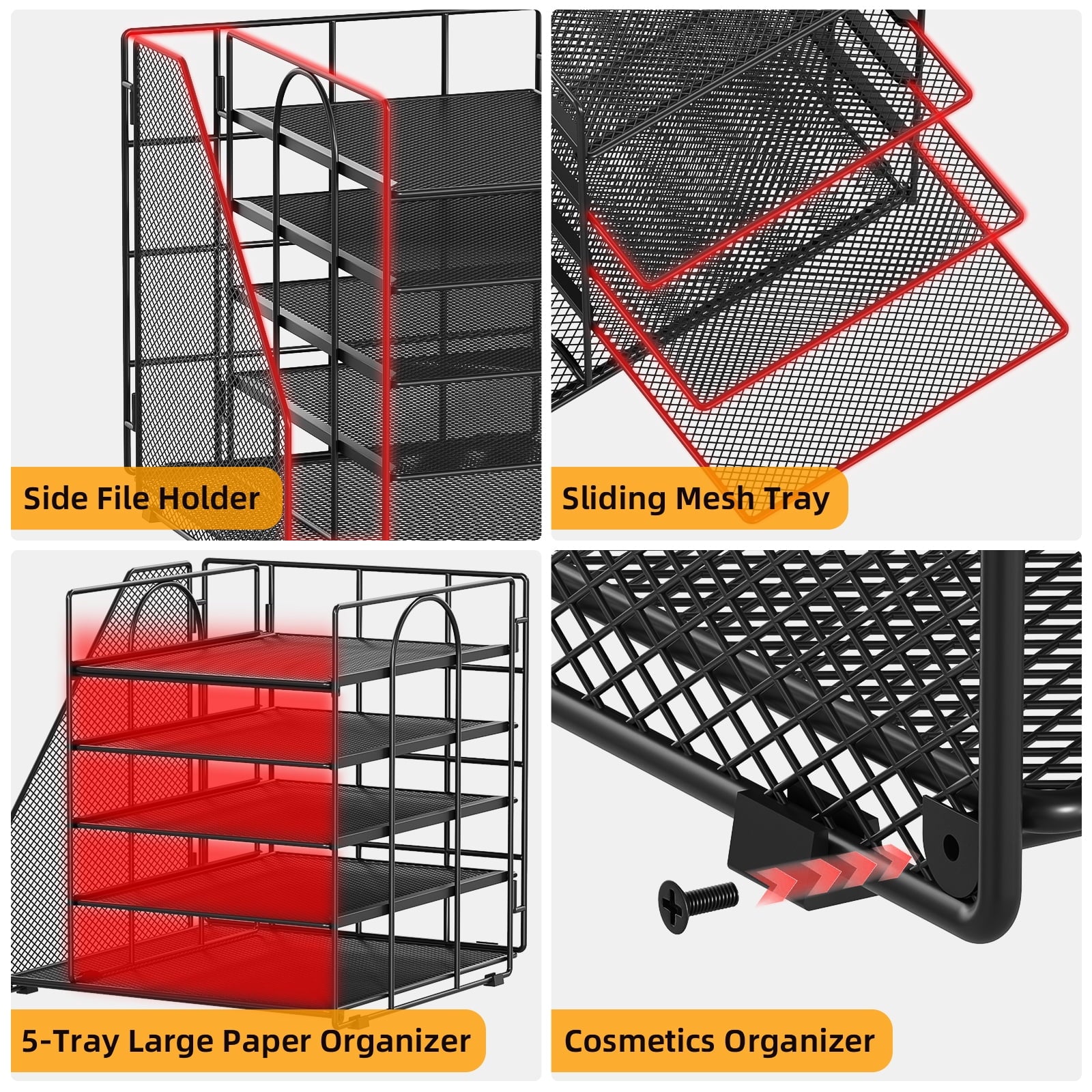 Mintazer Desk Organizer with File Holder, 5-Tier Paper Letter Tray Organizer Mesh Desktop File Organizer Magazine Holder for Home School Off - Image 3