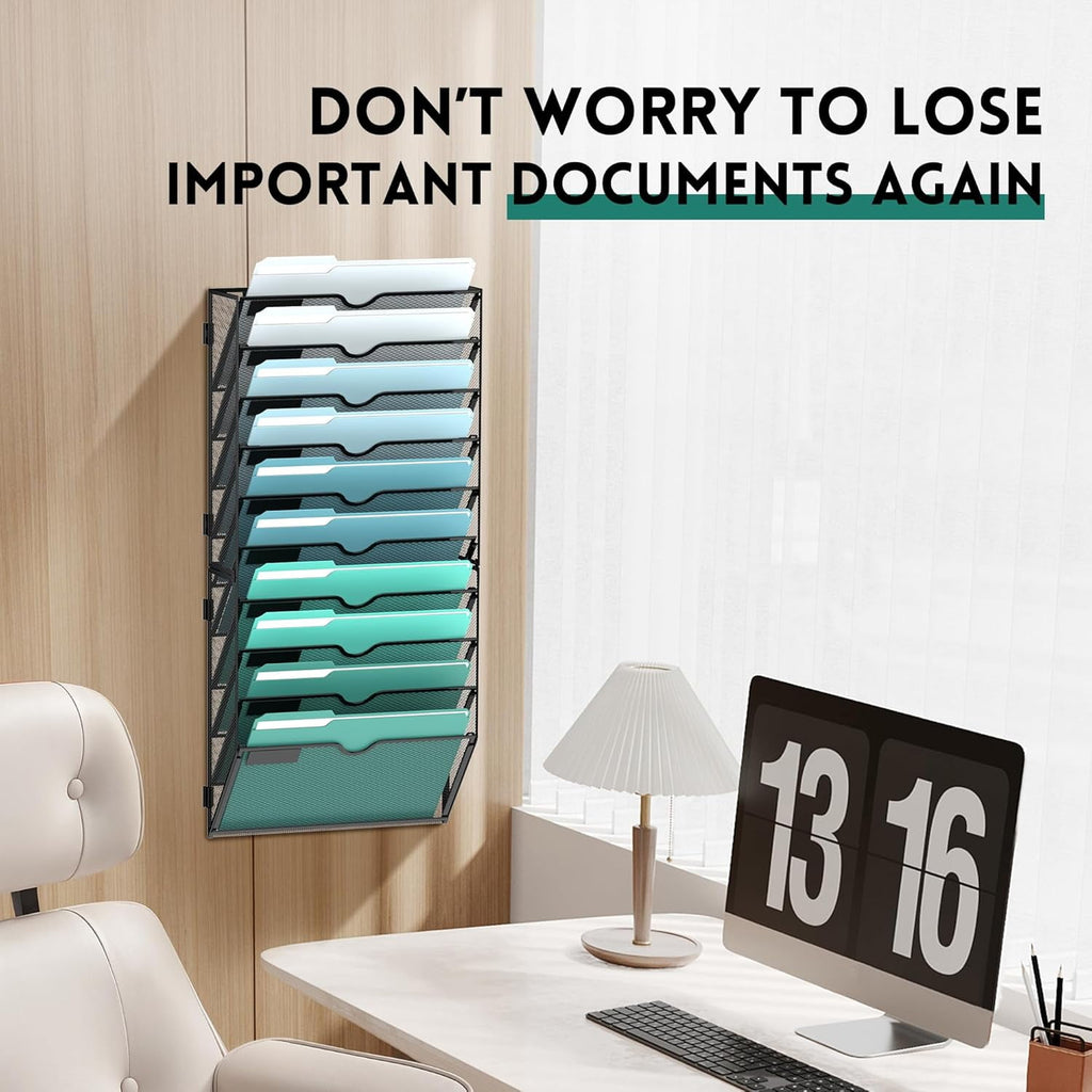 10-Tier Metal Mesh Wall File Organizer, Hanging Paper Organization, Black, Screw Mount - Image 6