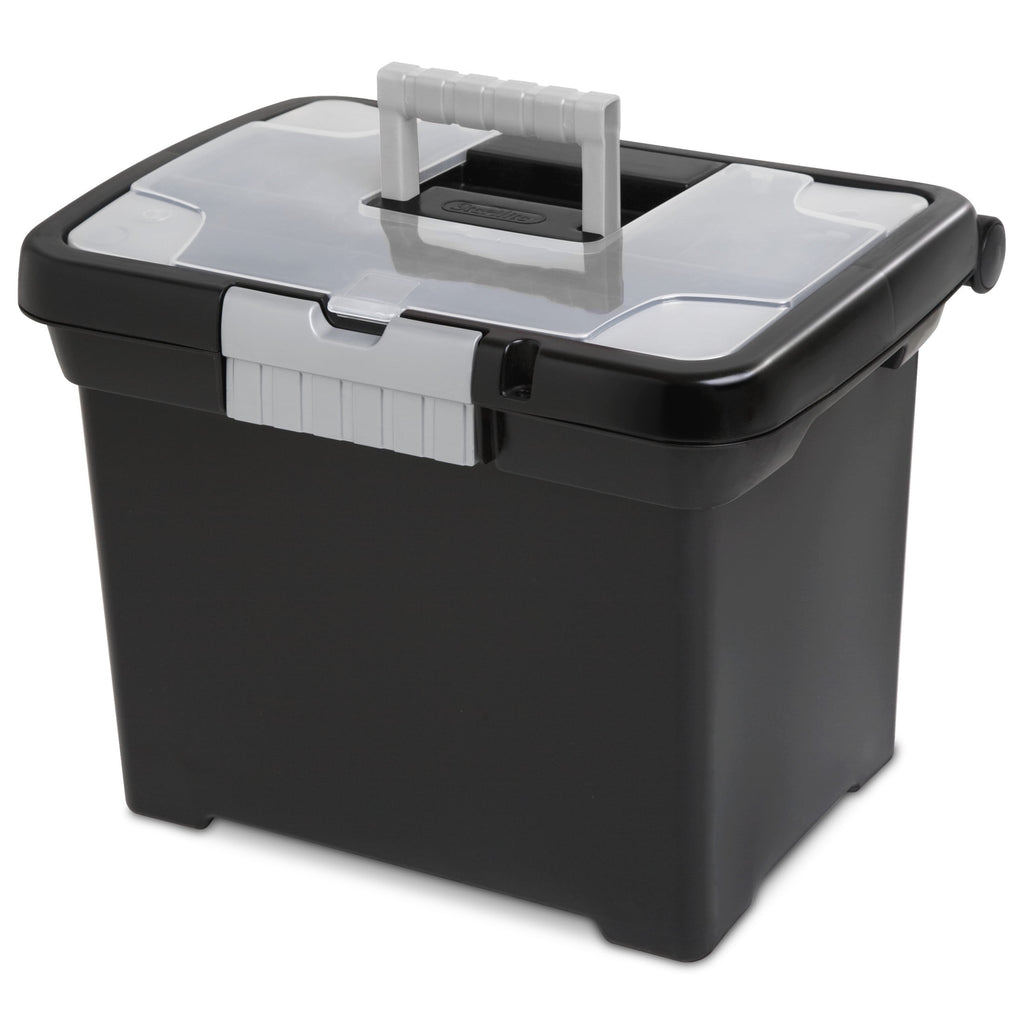 (6 pack) Portable File Box, Letter-Size Plastic File Storage Box with Handle and Divided Lid Storage Compartment, Black - Image 2