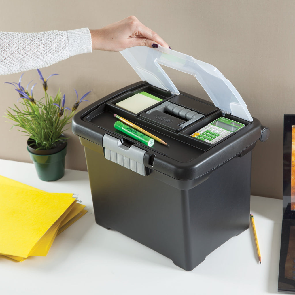 (6 pack) Portable File Box, Letter-Size Plastic File Storage Box with Handle and Divided Lid Storage Compartment, Black - Image 6
