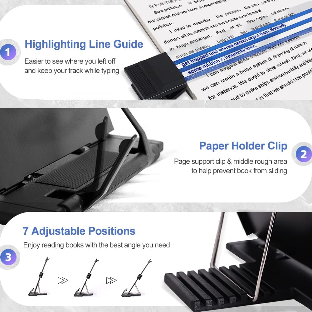 Holder Stand with 7 Adjustable Positions, Black Metal File Organizer Management Copyholder for Typing Speech Reading ... - Image 3