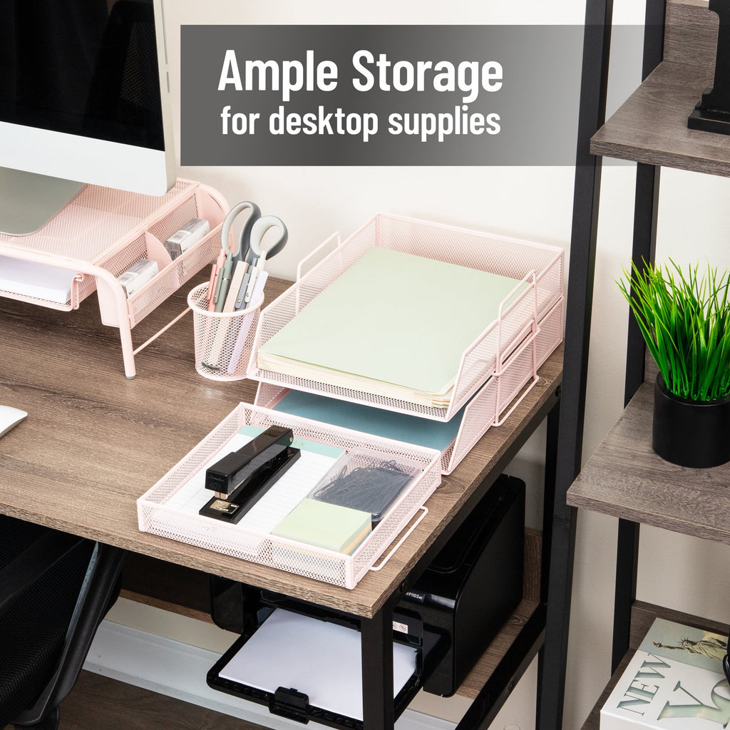 2 Tier Paper Tray with Top Supply Compartment, Desktop File Organizer, Metal Mesh, Pink - Image 5