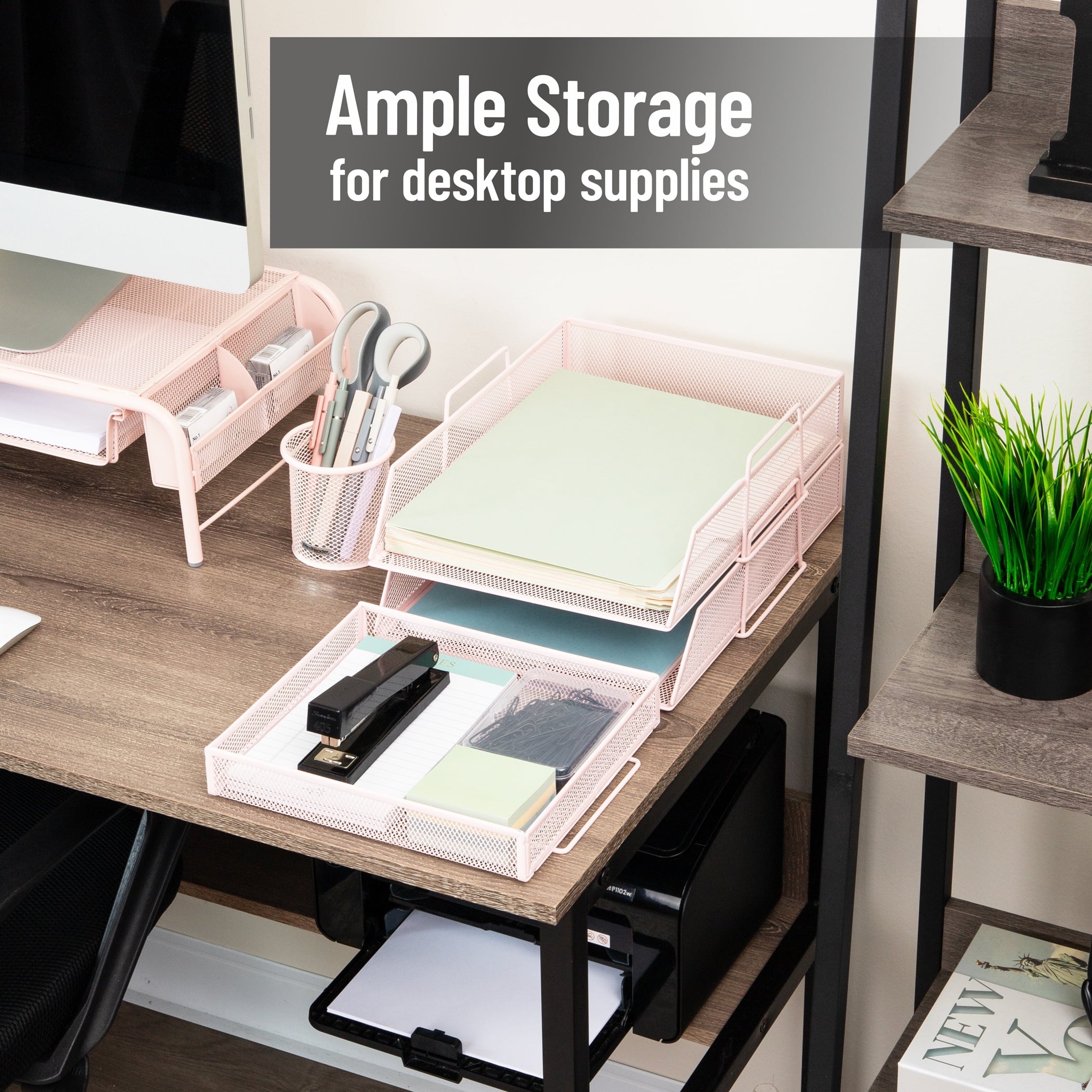 2 Tier Paper Tray with Top Supply Compartment, Desktop File Organizer, Metal Mesh, Pink - Image 5