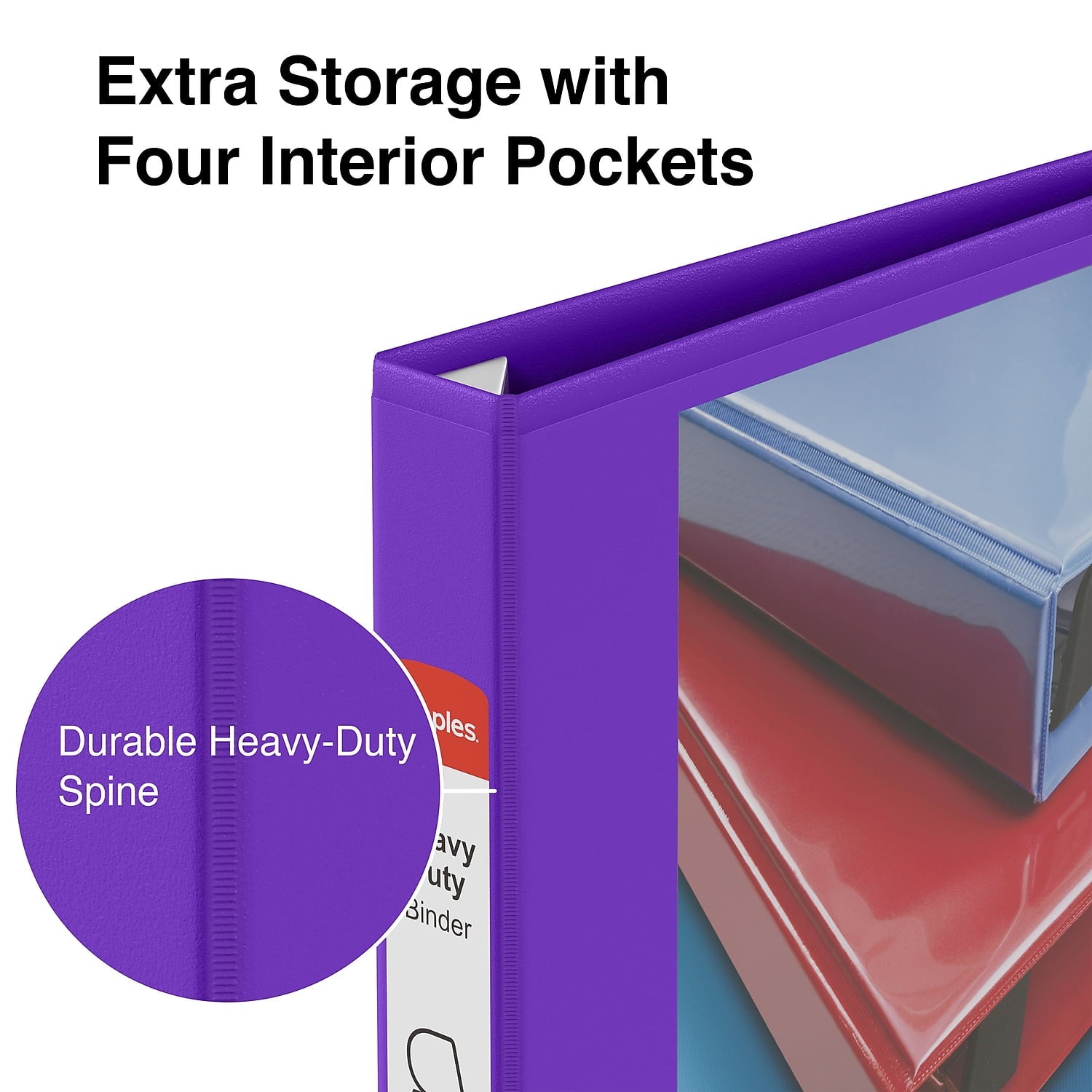 Heavy Duty 1" 3-Ring View Binder with D-Rings and Four Interior Pockets Purple 3/Pack - Image 4