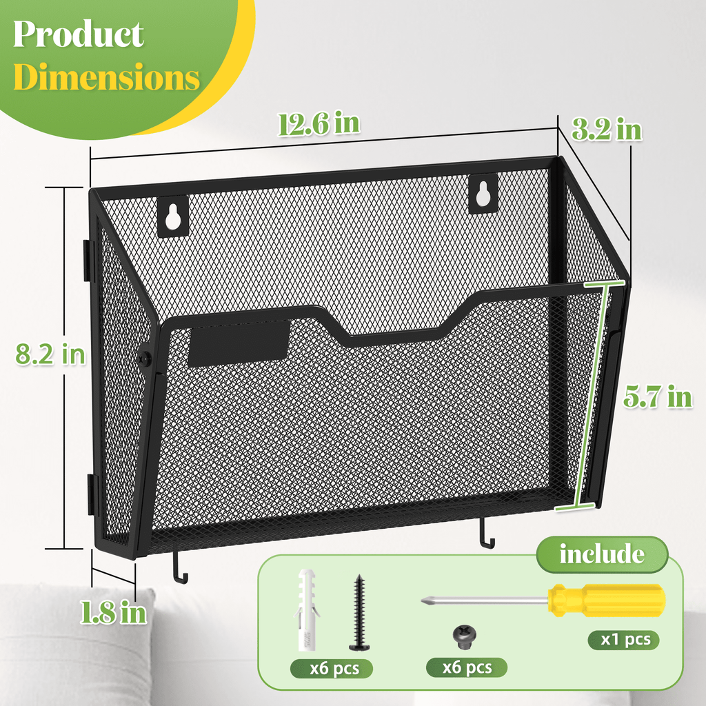 3 Pack Wall Mount File Holders, 12.6" Black Mesh Hanging File Folder Organizer with 2 Hooks, Easy Install Letter & Ma... - Image 5