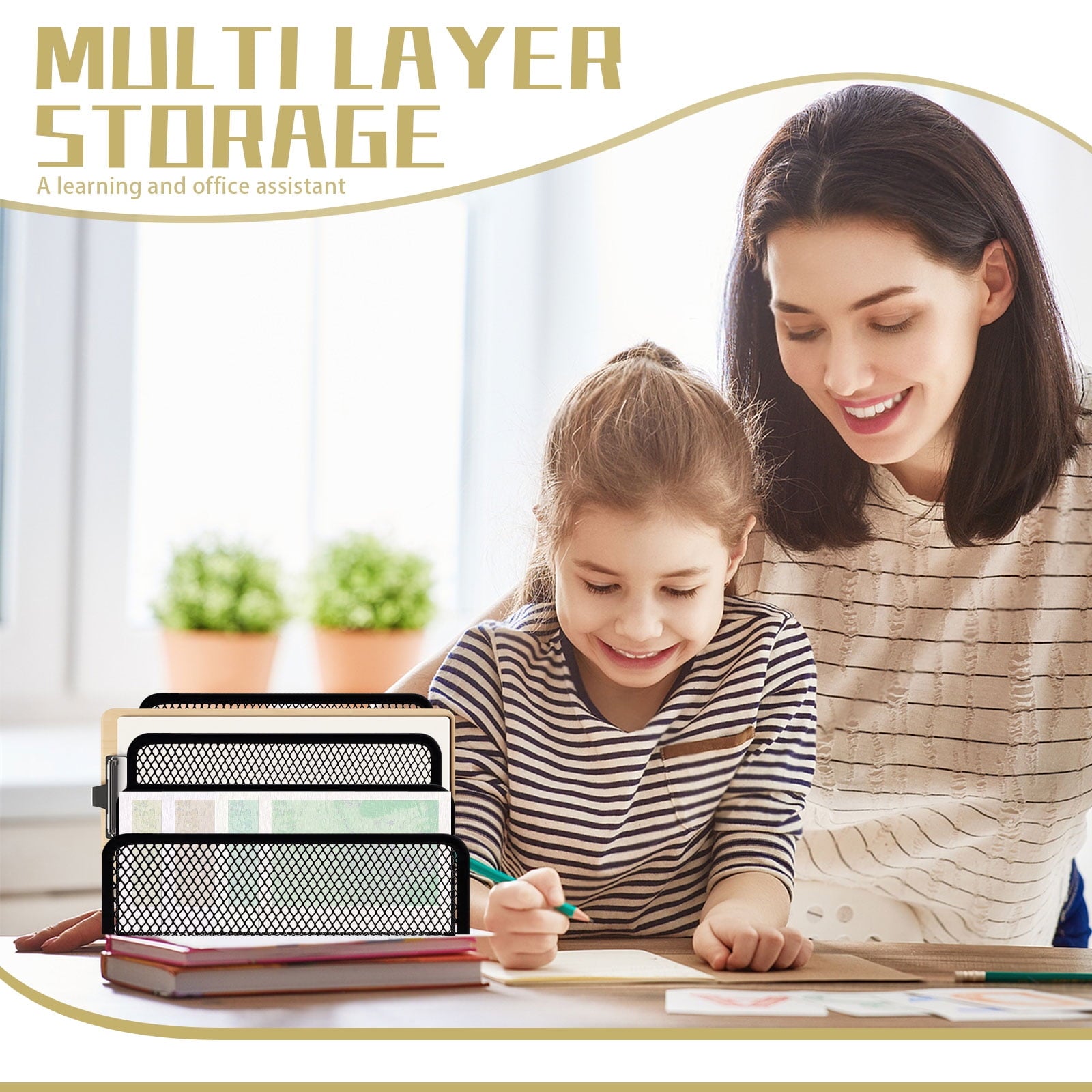 Office Vertical Desk File Organizer, Mesh Metal Mail Organizer Countertop with 3-Slot, Multifunctional Mail File Hold... - Image 4