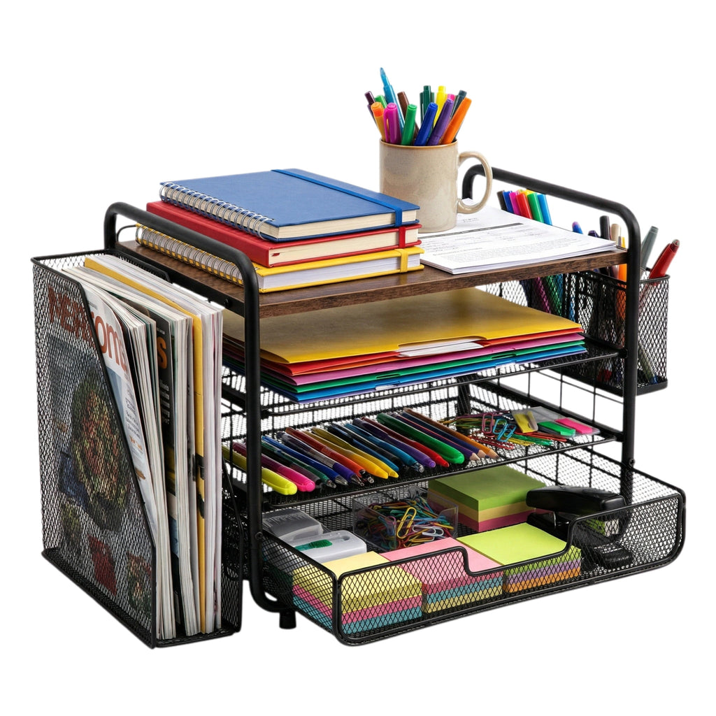 4-Tier Desk Organizer,Metal Desktop File Organizer with Drawer and Pen Holder,Office Supplies