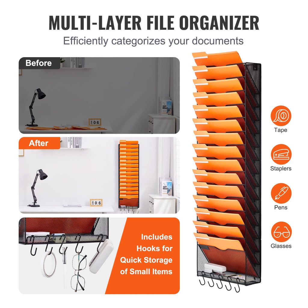 KFFKFFWall File Rack, 16-Slot Single Piece Mesh Organizer, Wall-Hanging Magazine, Mail, Paper & Document Holder, Metal Storage with Label Ta - Image 3