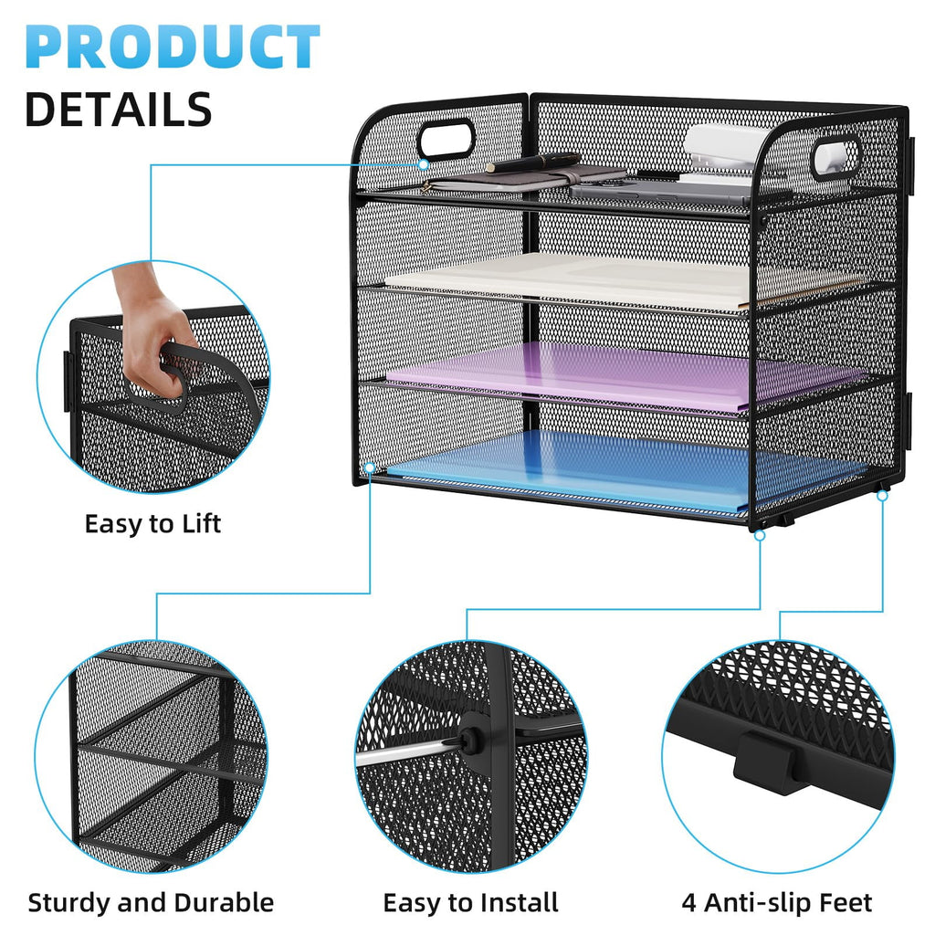 Marbrasse 4-Tier Desk Organizer Tray, ,Paper Organizer for Desk,Mesh Desktop File Organizers with Handle - Image 3
