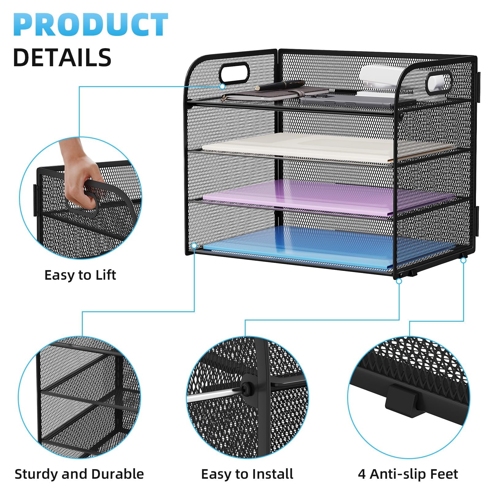 Marbrasse 4-Tier Desk Organizer Tray, ,Paper Organizer for Desk,Mesh Desktop File Organizers with Handle - Image 3