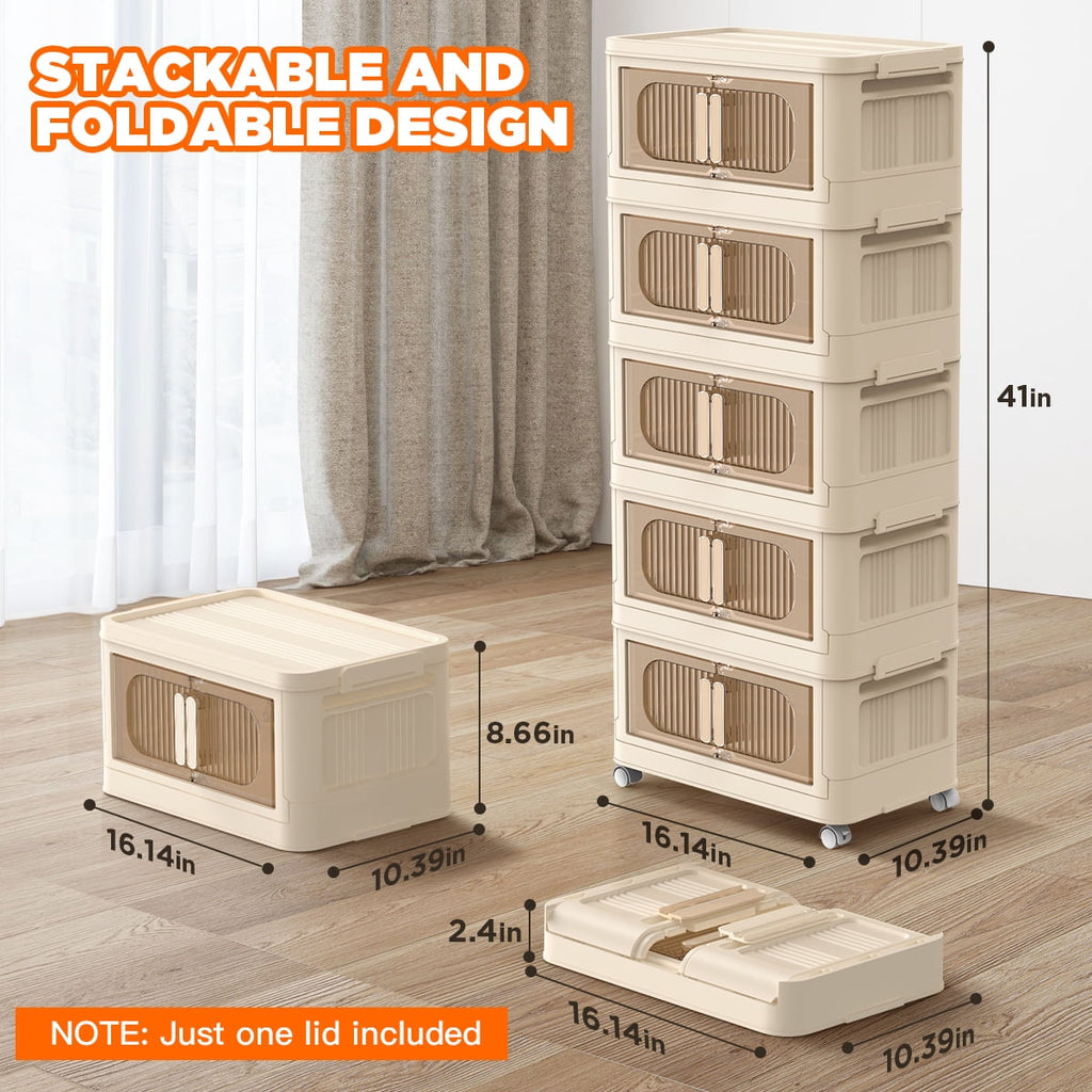 TNTANTS 5 Tiers Stackable Storage Bins with Wheels, Magnetic Dual Open Collapsible Storage Container with Lids, 125QT Folding Storage Box Bi - Image 3