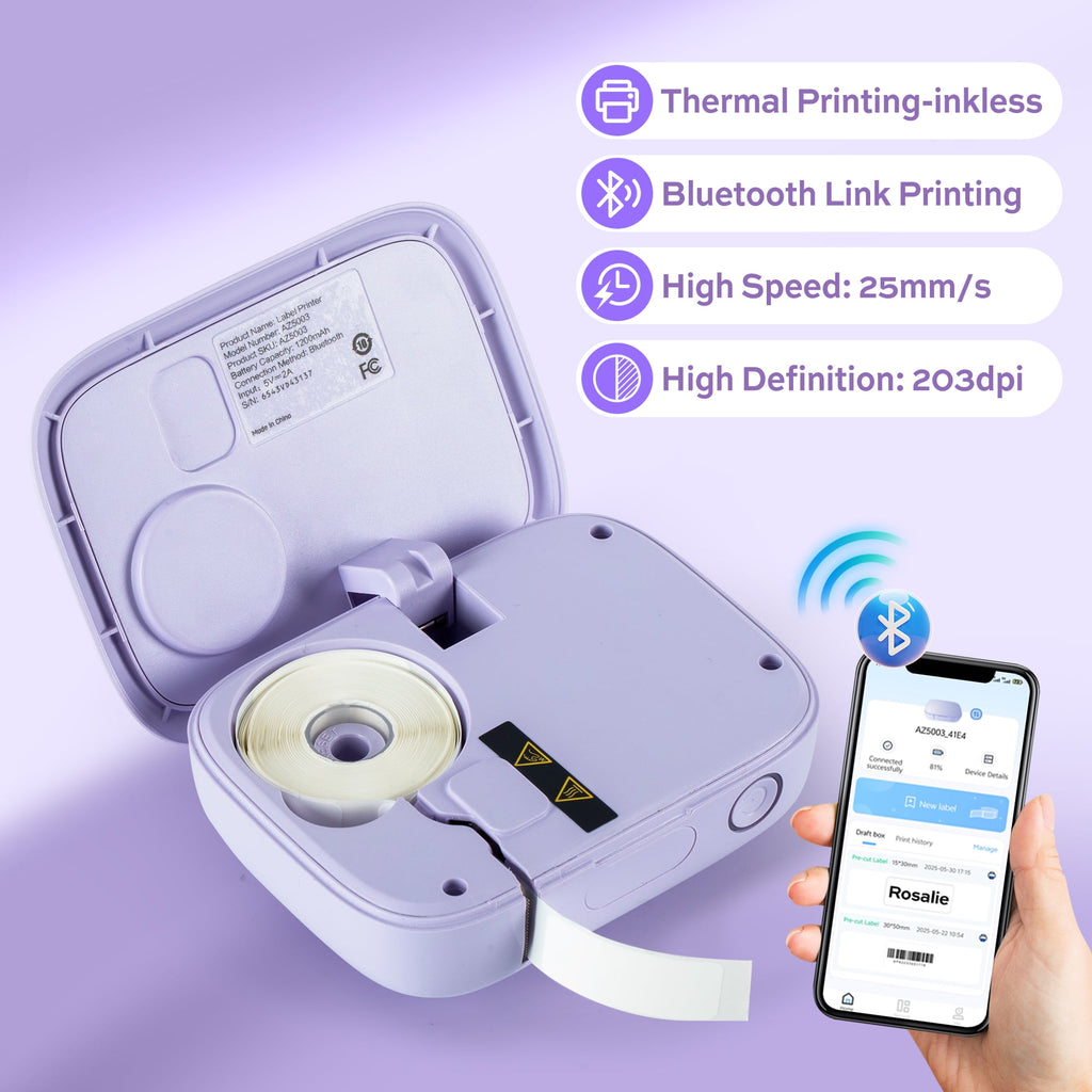 Label Maker Machine, Portable Bluetooth Label Printer with Tape, Inkless Label Maker Handheld for Home Office Organization, Purple - Image 6