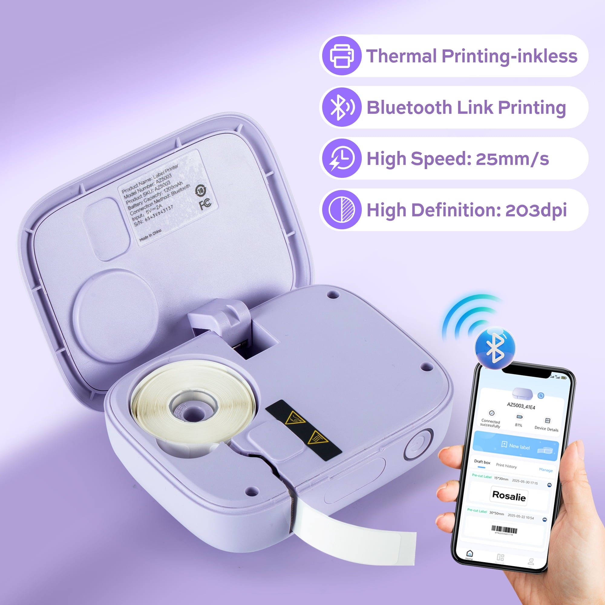 Label Maker Machine, Portable Bluetooth Label Printer with Tape, Inkless Label Maker Handheld for Home Office Organization, Purple - Image 6