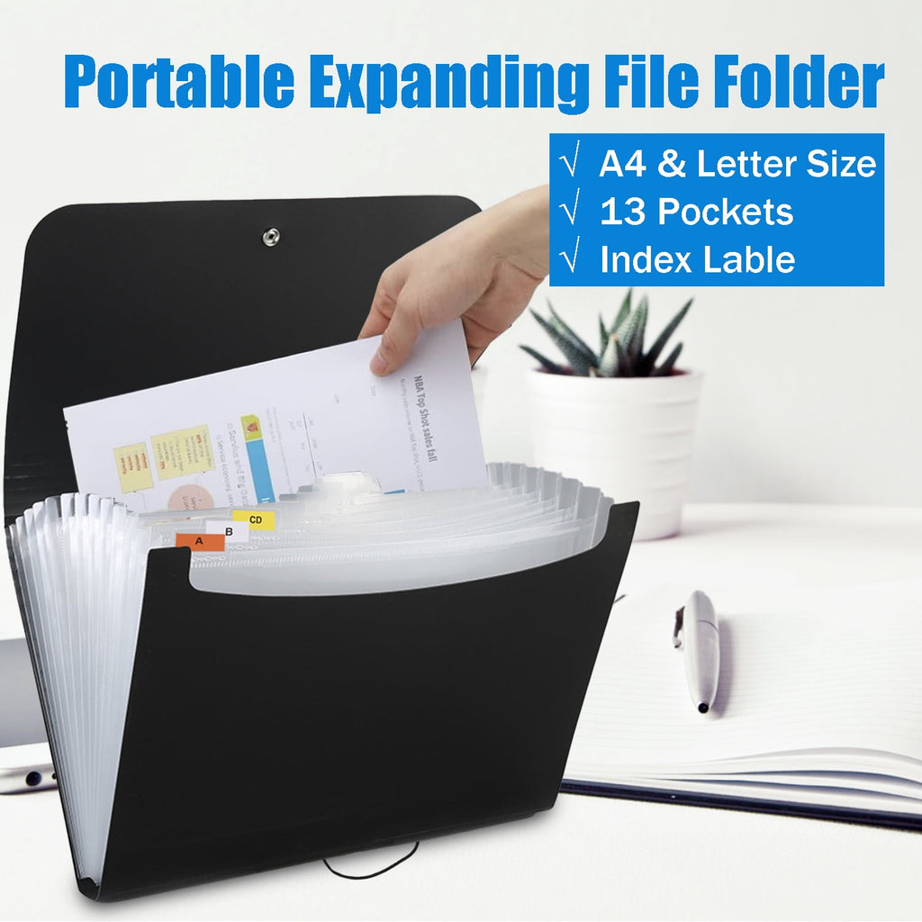 13 Pocket Accordion Folder, Black Plastic, A4 Size, 350 Sheet Capacity, Professional Document Storage with Index Labe... - Image 5