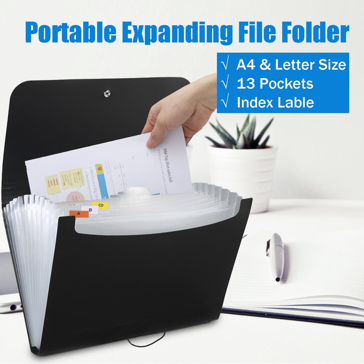 13 Pocket Accordion Folder, Black Plastic, A4 Size, 350 Sheet Capacity, Professional Document Storage with Index Labe... - Image 5