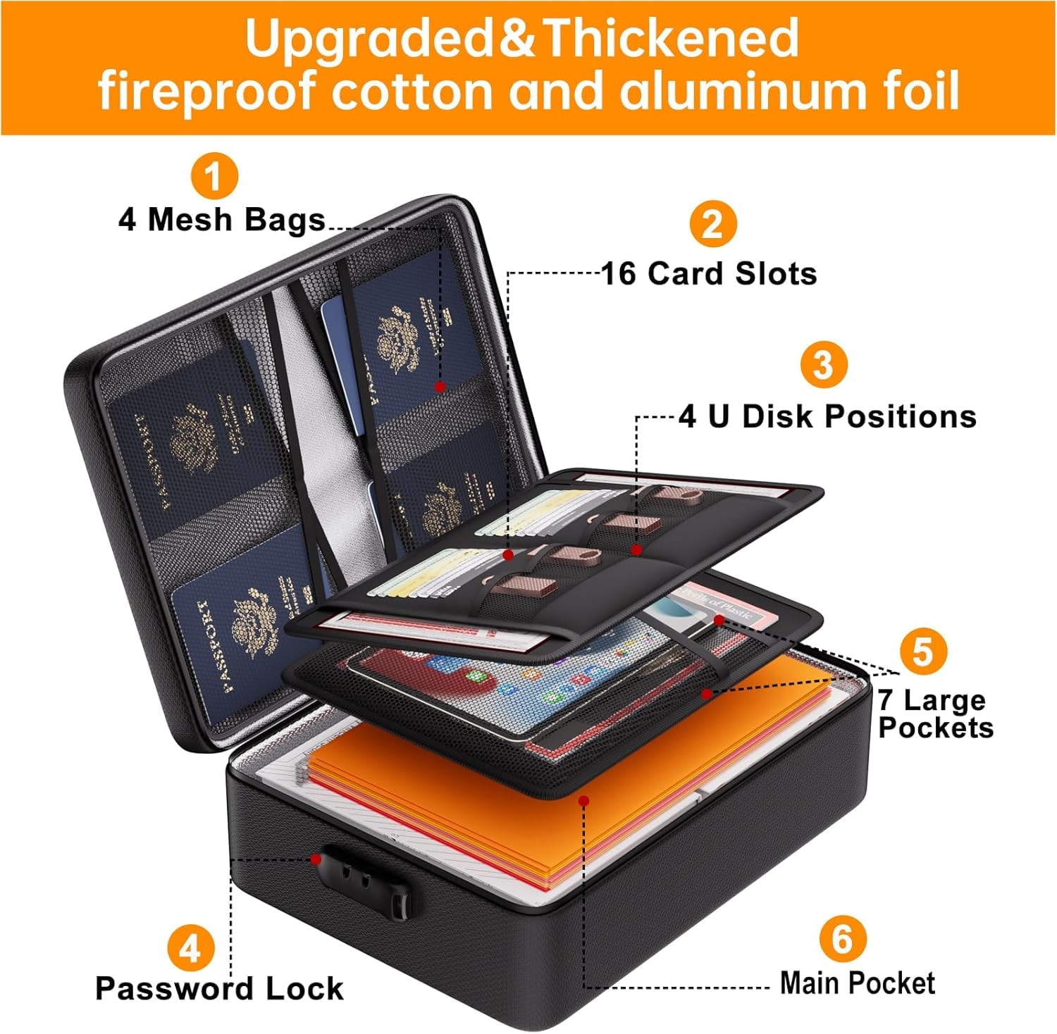 Fireproof Document Bag with Lock, Upgraded Heat Insulated Fireproof Box 8 Layers File Organizer, Portable Home Travel... - Image 4