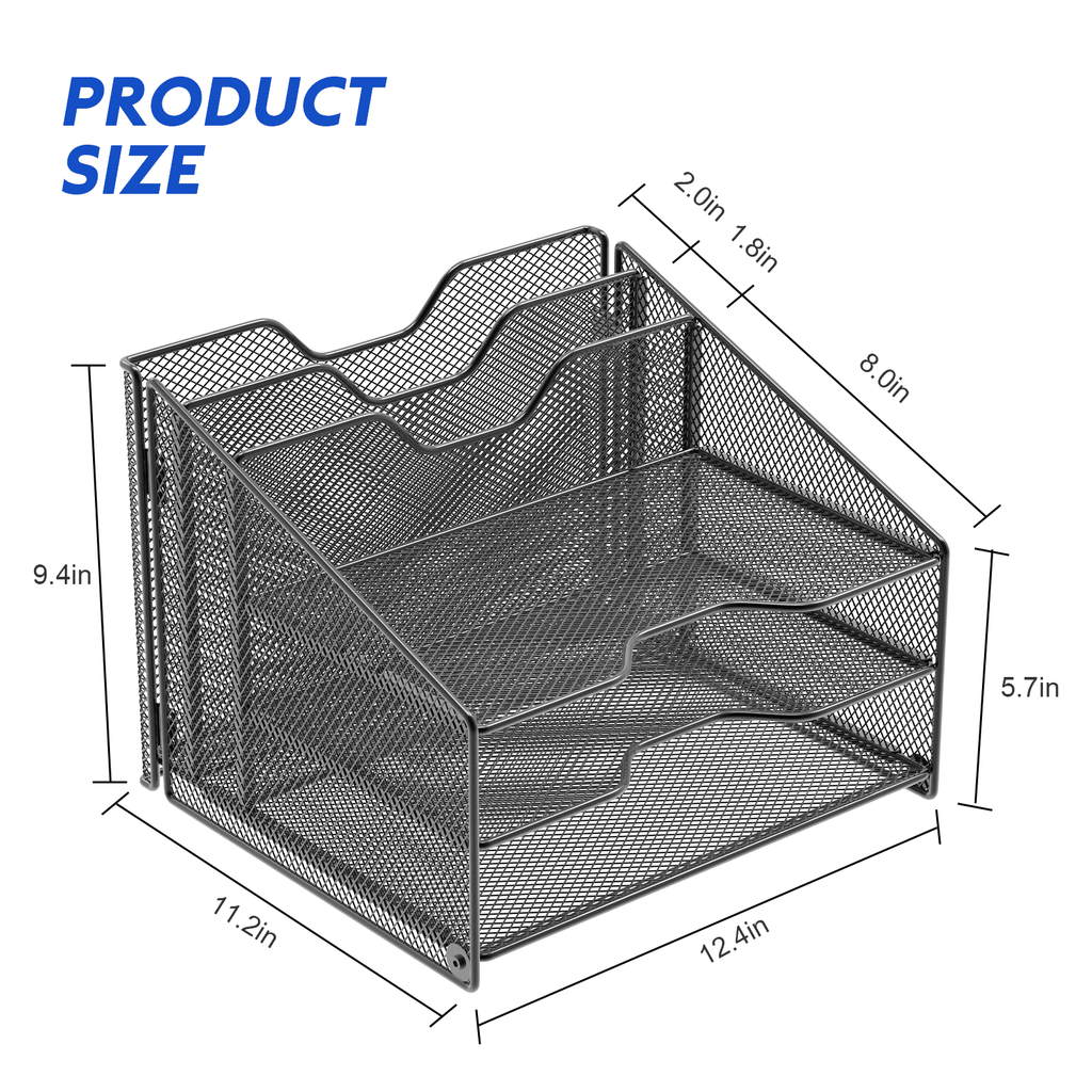 Organizer, Mesh Letter Folder Holder with 3 Paper Trays and 2 Vertical Upright Section, Black. - Image 3