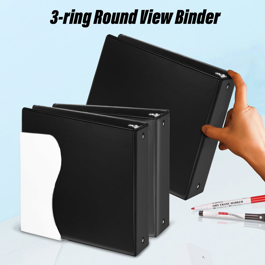Comix Premium 3-inch Round Ring Binders, 3-Ring with Clear Cover, Holds 600 Sheets, 10 Pack Black - Image 2