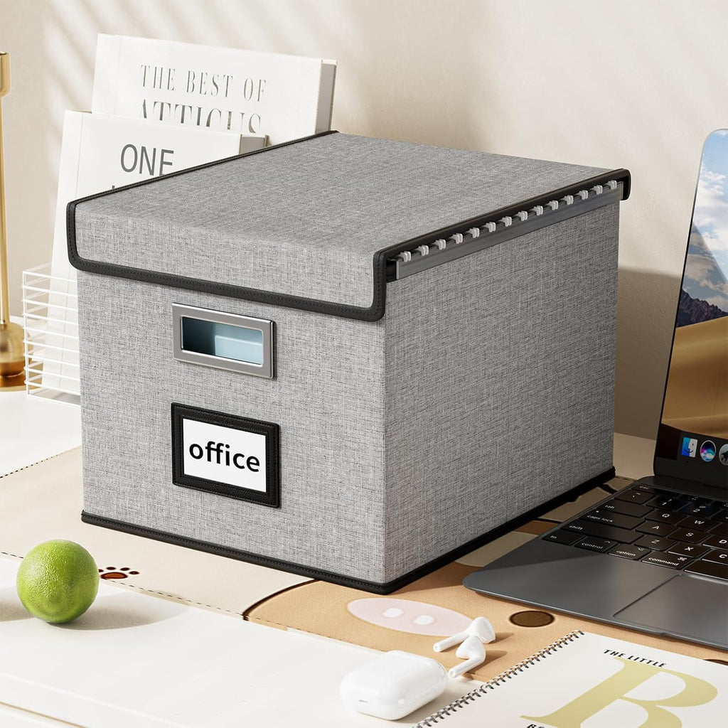 Gijjgole Collapsible Portable File Organizer Box with Lids, Linen Hanging Filing Storage Boxes with Plastic Slide (Gray) - Image 2