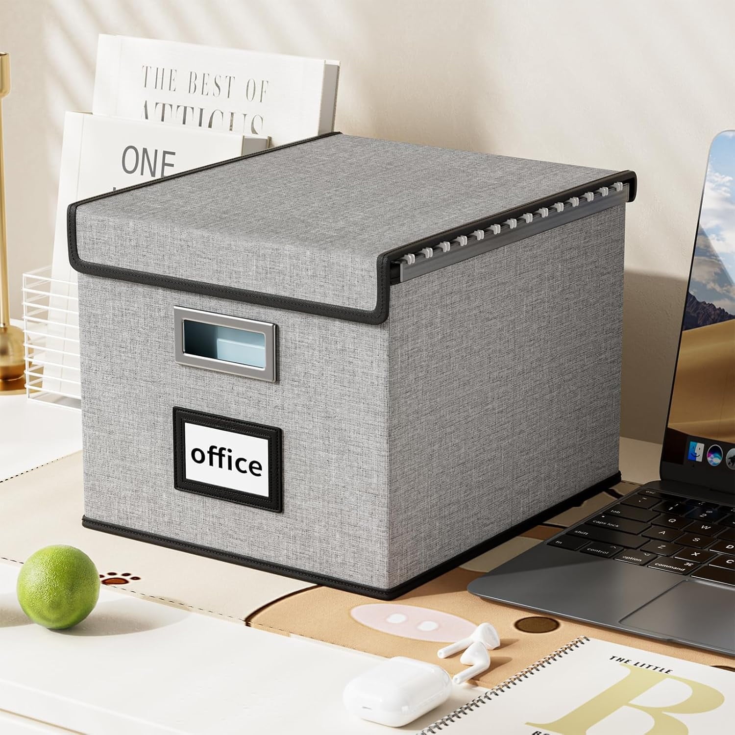 Gijjgole Collapsible Portable File Organizer Box with Lids, Linen Hanging Filing Storage Boxes with Plastic Slide (Gray) - Image 2