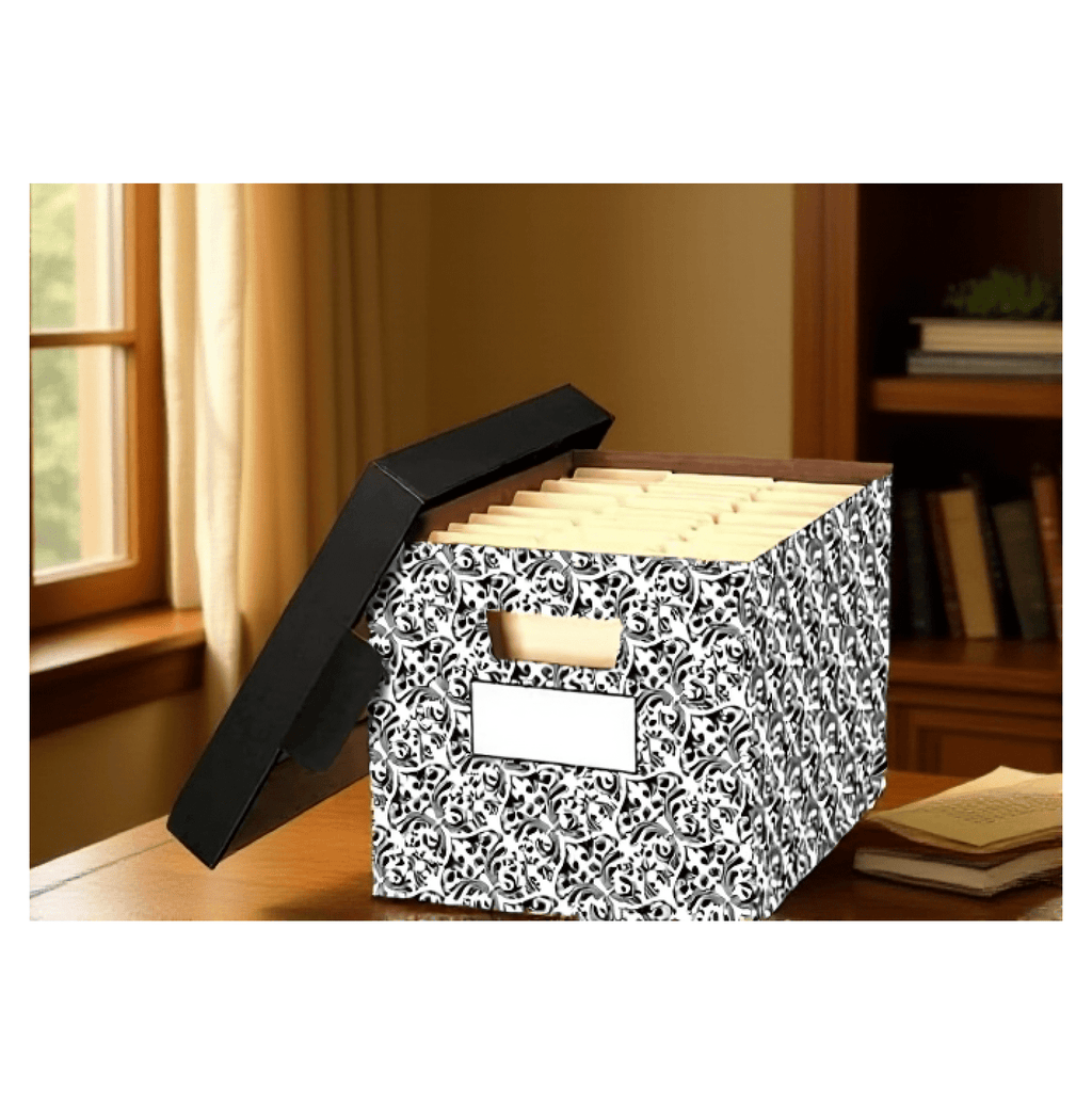 Decorative Storage Boxes with Lids, 4 Pack - Brocade File Boxes for Home & Office - Stackable Paper Organizer Contain... - Image 5