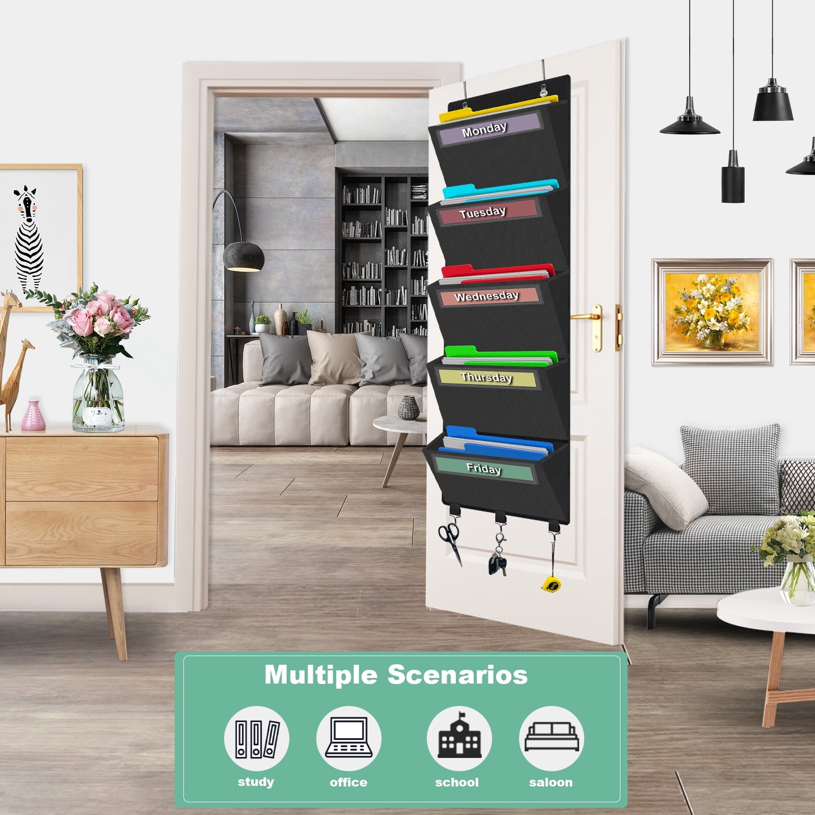 Weekly Over the Door File Organizer, Hanging File Folders Wall Organizer with 5 Large Pockets for Papers, Charts, Mai... - Image 2