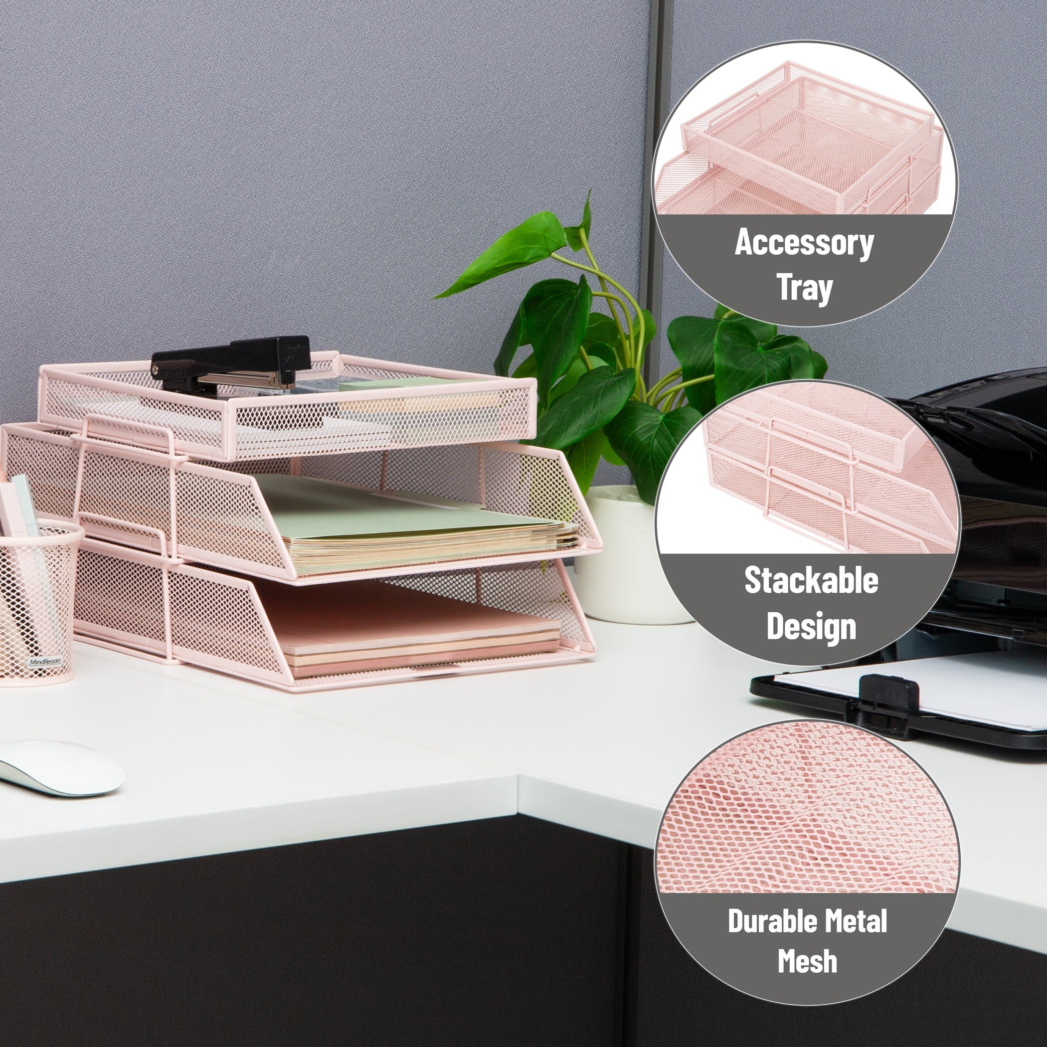 2 Tier Paper Tray with Top Supply Compartment, Desktop File Organizer, Metal Mesh, Pink - Image 3