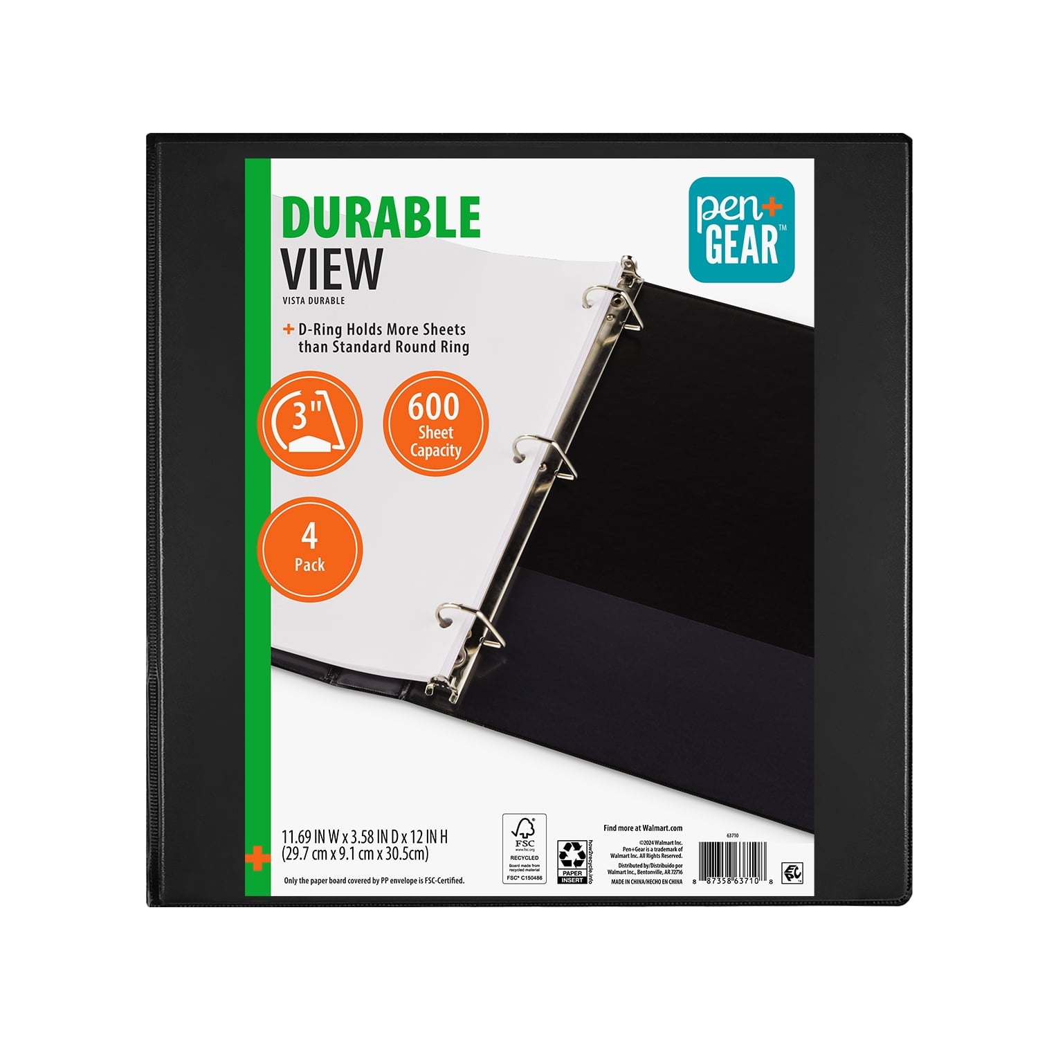 Pen+Gear 3-inch Durable View Binder, Black, 4 Pack - Image 2