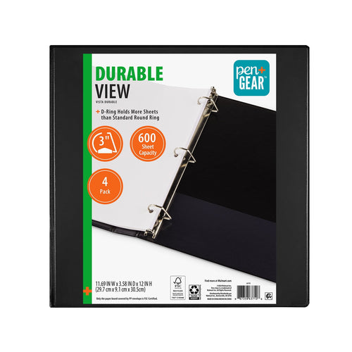 Pen+Gear 3-inch Durable View Binder, Black, 4 Pack - Image 2
