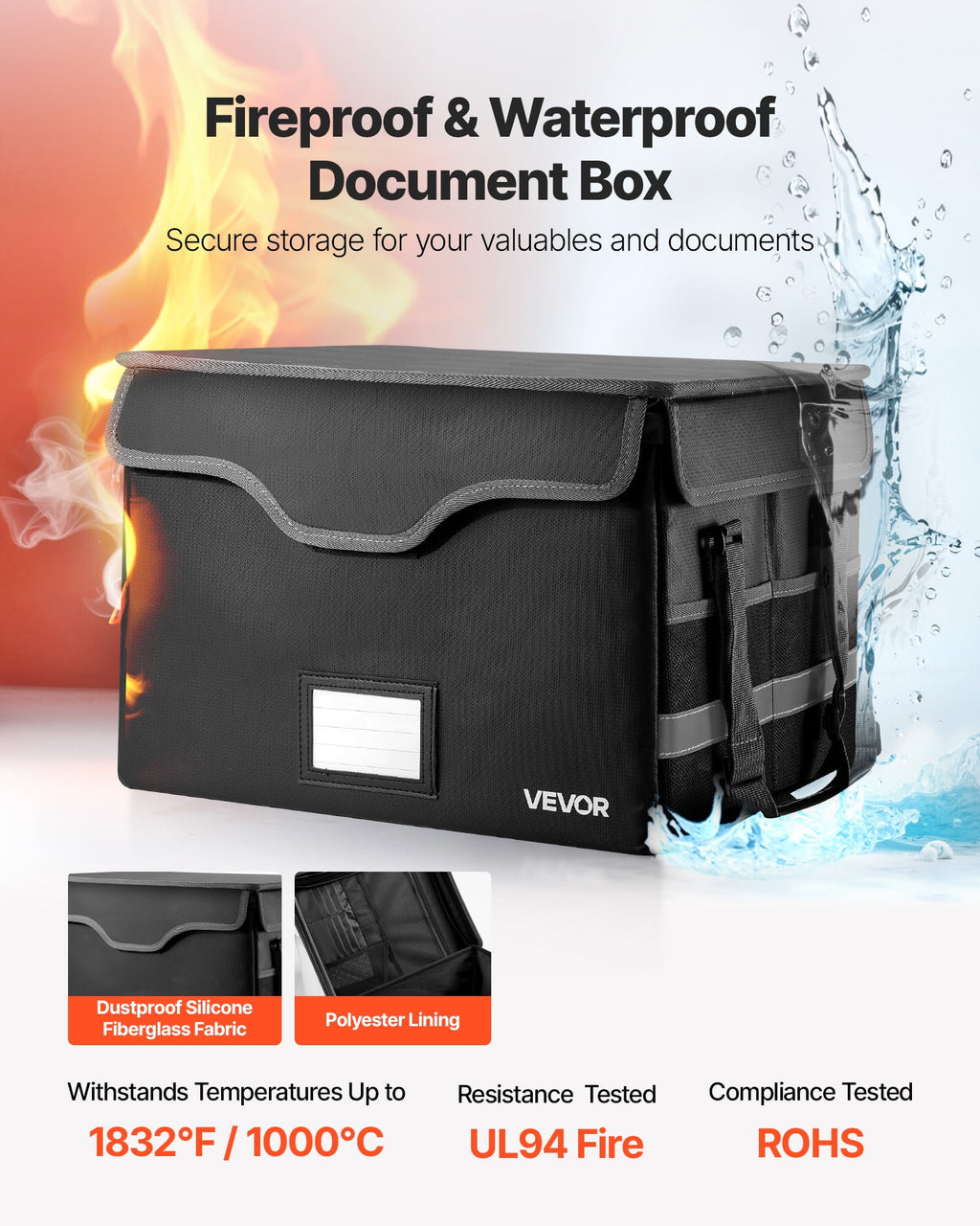 VEVOR Fireproof Document Box, 1832  Heat Insulated Fireproof & Waterproof Box with Lock, Portable File Storage Security Organizer Home Offic - Image 2