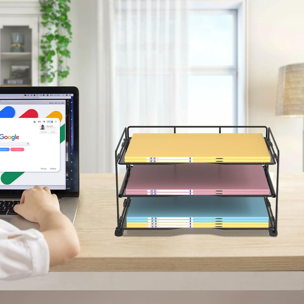3 Tiers Paper Organizer , Mesh Desk File Organizer for Home Office, Black - Image 5