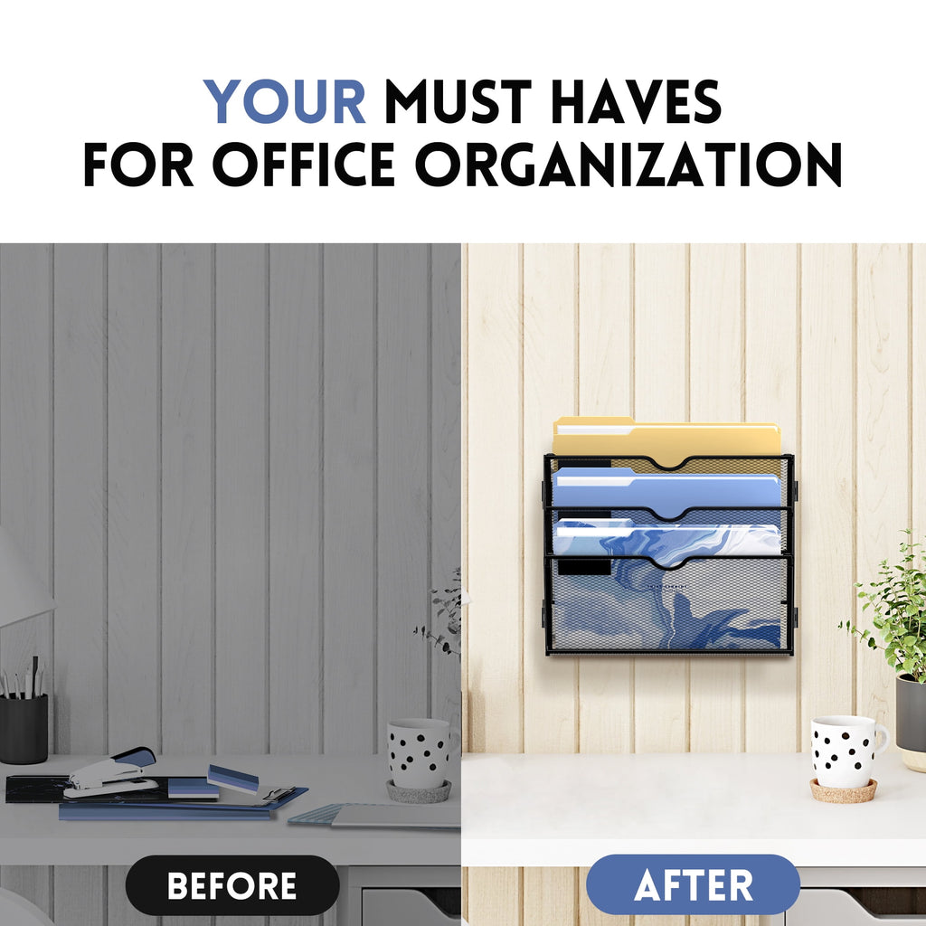 INTIGE 3 Tier Metal Wall File Holder, Hanging File Organizer for Papers & Folders, Black - Image 2