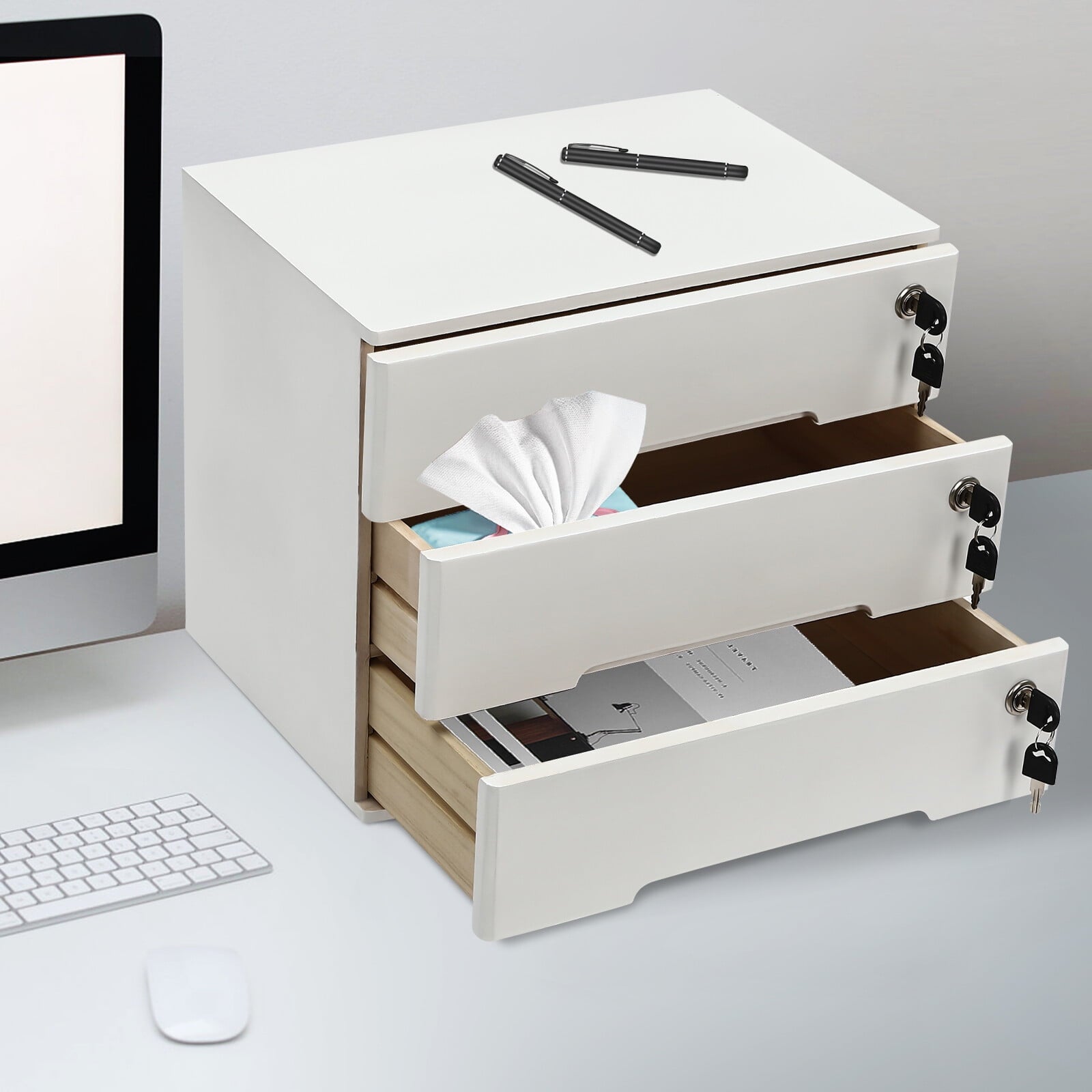 Wooden Desktop Storage Box with Lockable Drawers, Office Supplies File Organizer - Image 2