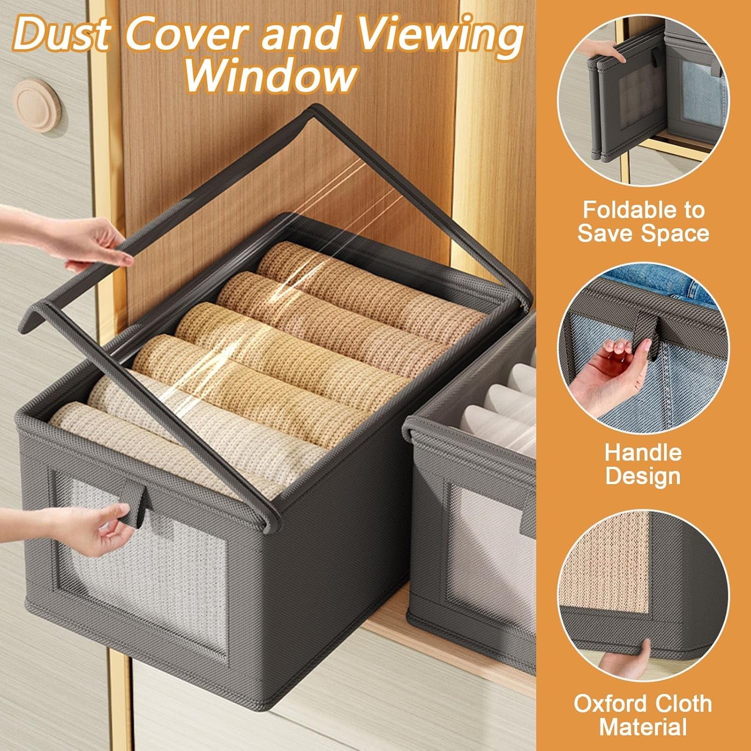 Glowvia 3 Pack Fabric Storage Bins with Lids, Wardrobe Storage Organiser, Stackable Storage Bin, Foldable Storage Baskets, Closet Organizers - Image 2