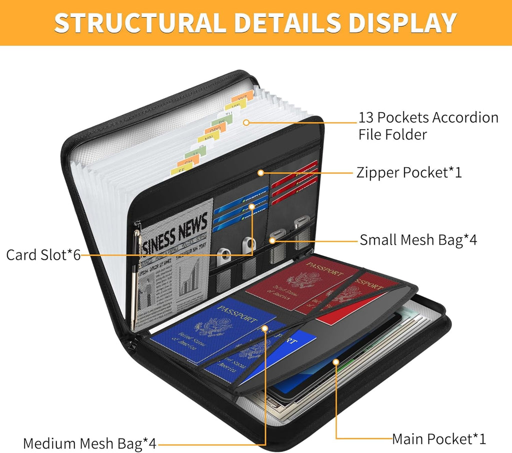 Fireproof & Waterproof Accordion File Organizer, 13-Pocket Expanding Document Organizer with Handle & Labels, Durable... - Image 2
