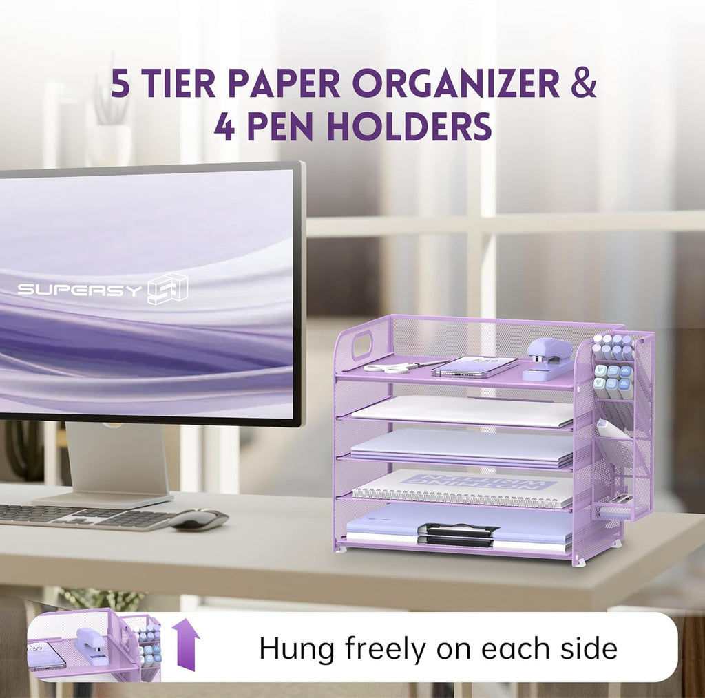 INTIGE 5-Tier Metal Mesh Desk Organizer with Handle & Removable Pen Holders, Purple, 1 Pcs - Image 4