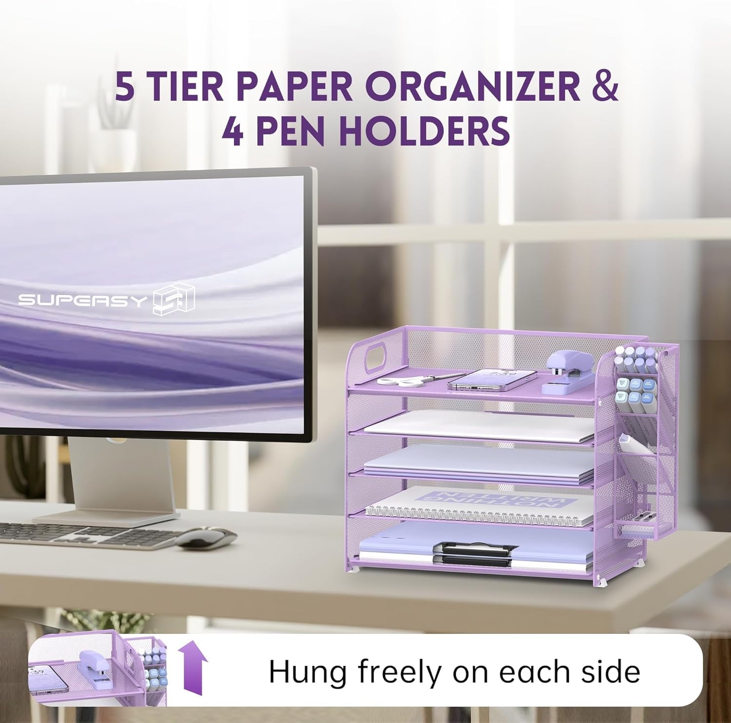 INTIGE 5-Tier Metal Mesh Desk Organizer with Handle & Removable Pen Holders, Purple, 1 Pcs - Image 4
