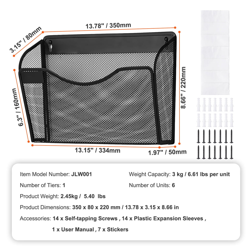 KFFKFF Wall File Rack, 6-Unit Single Pocket Mesh Organizer, Wall-Hanging Magazine, Mail, Document & Paper Storage Folder, Metal Wall-Mounted - Image 5